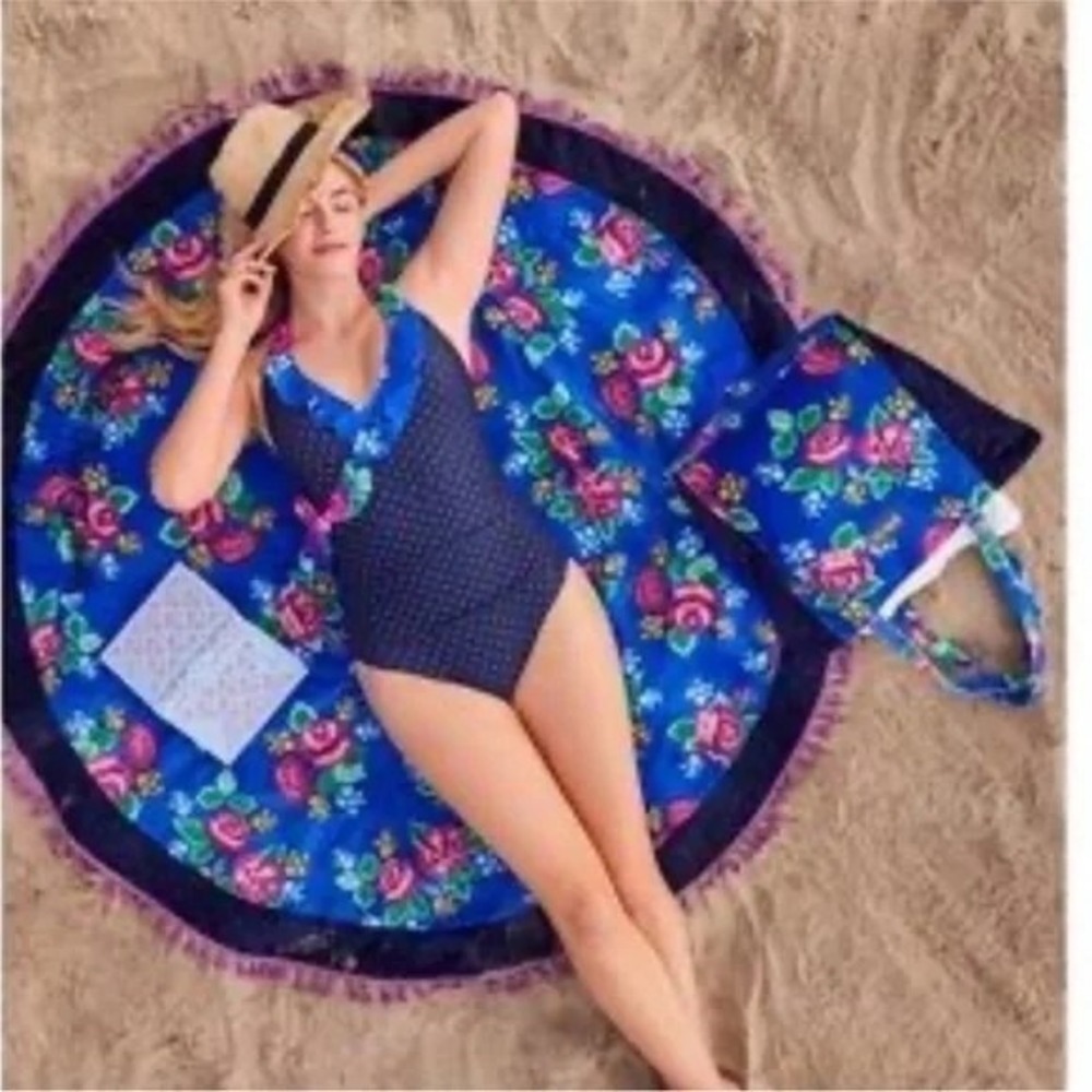 Matilda Jane Round Beach Towel  Blue Floral Rose Tassel Fringe 60"